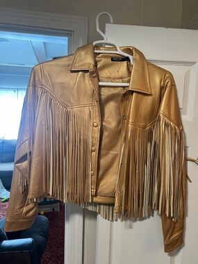 Nasty Gal Metallic Gold Leather Fringe Jacket